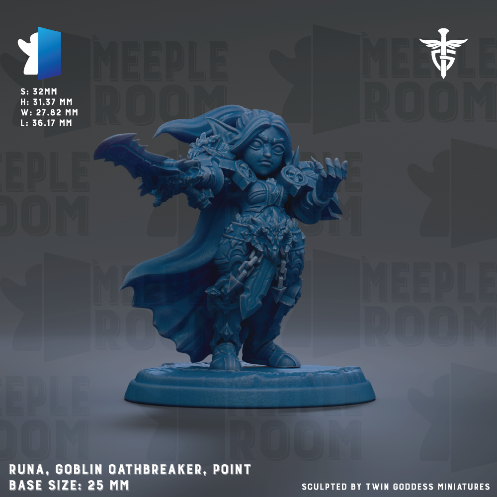 The image is a 3D model of a blue-colored female character, likely a female warrior or deity, with a cape and various weapons. The character is standing on a base and appears to be the focus of the image. The image does not contain any text, and the character is the main subject.