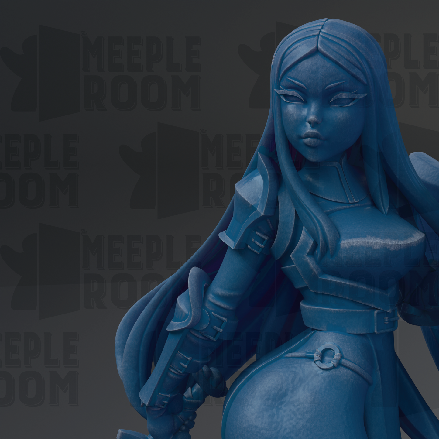A blue, cartoonish female character with long hair and a serious expression, holding a weapon.