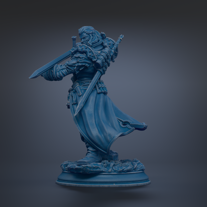 A blue statue of a warrior figure holding a sword and shield, standing on a base.