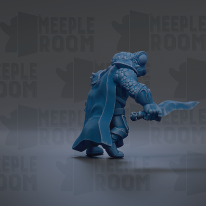 A 3D rendering of a blue armored figure holding a sword, with the text "MEUPLE ROOM" repeated in the background.