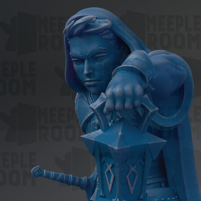 A blue statue of a person holding a lantern, with the text "MEEP ROOM" visible in the background.