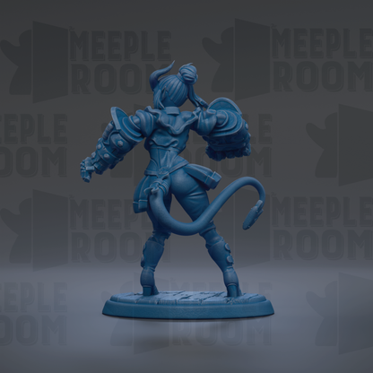 A blue figurine of a female character with horns and a tail, standing on a base and facing away from the camera.