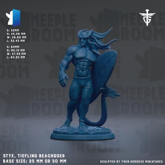 The image is a detailed 3D model of a muscular male figure, likely a character from a fantasy or adventure game. The figure is holding a surfboard and is standing on a base that is either 25mm or 50mm in size. The background of the image is dark, which contrasts with the figure and makes it stand out. The image does not contain any text or additional objects, and the figure is the main focus of the image.