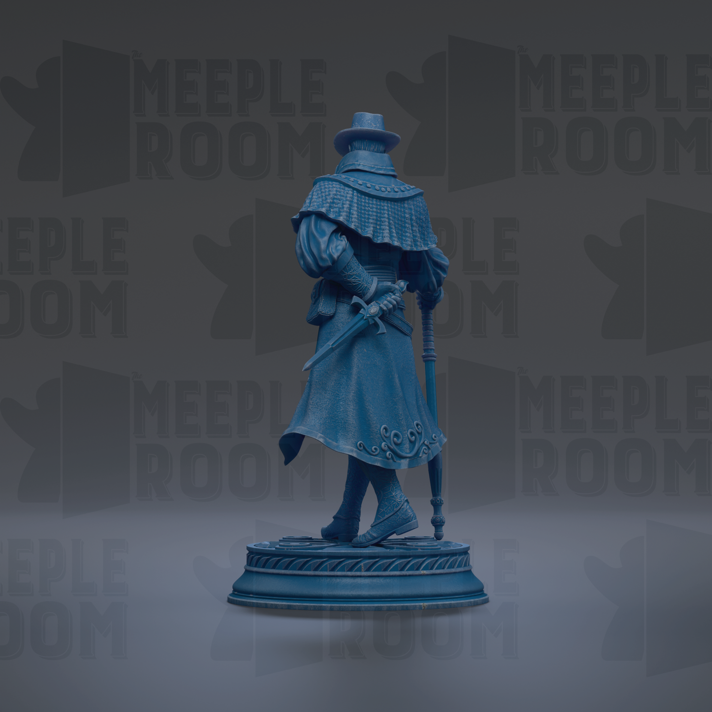 A blue statue of a person wearing a hat and holding a sword, standing on a pedestal.