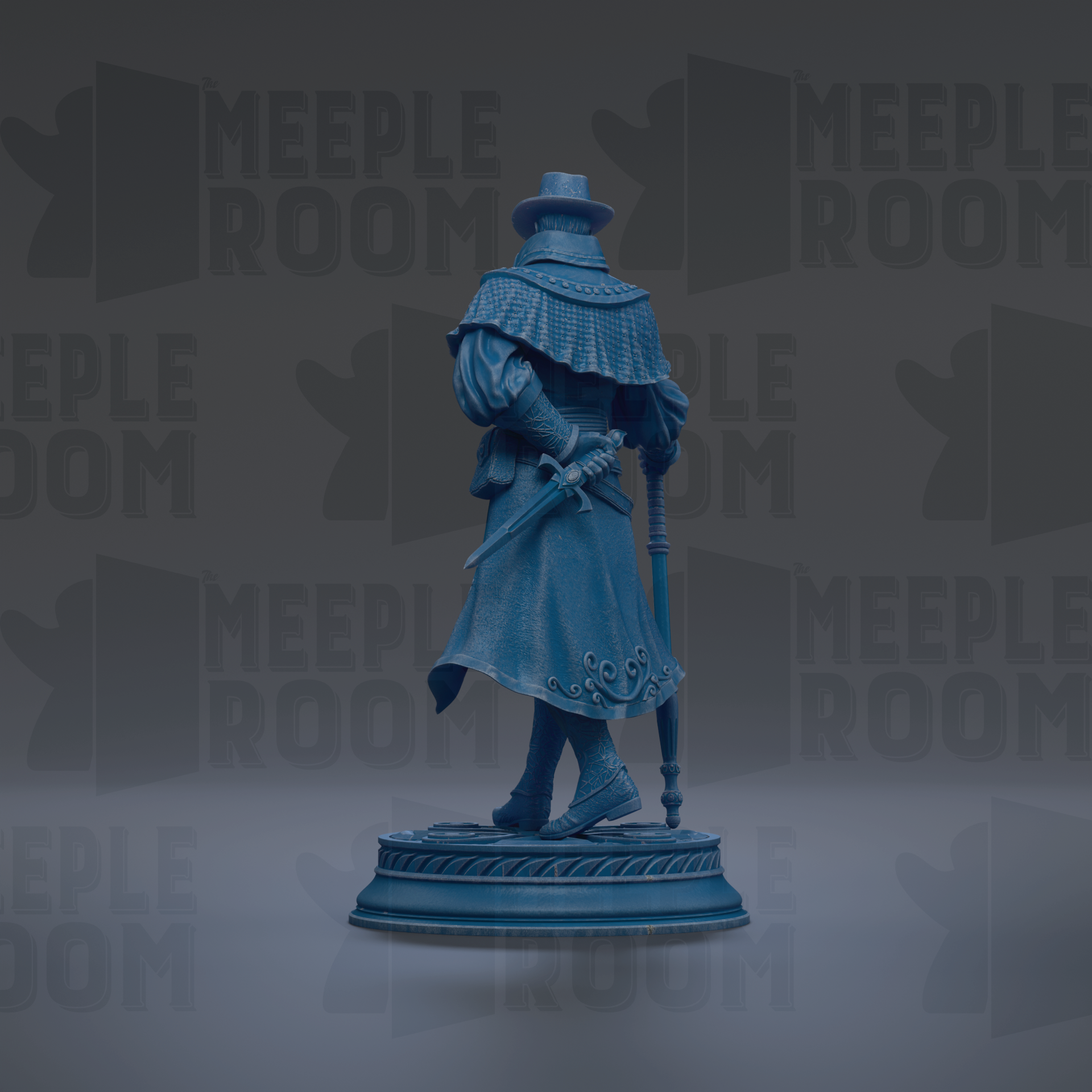 A blue statue of a person wearing a hat and holding a sword, standing on a pedestal.