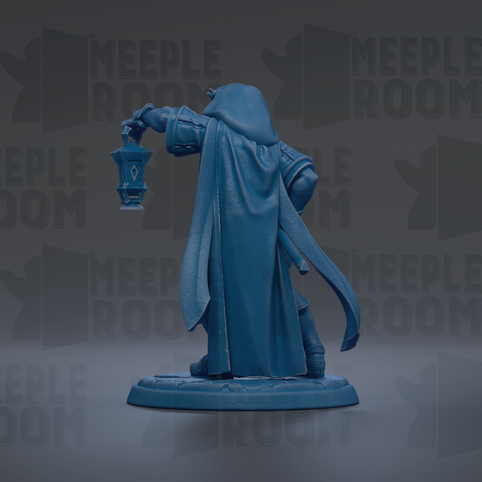 A blue figurine of a person holding a lantern, standing on a base, against a dark background with repeated text.