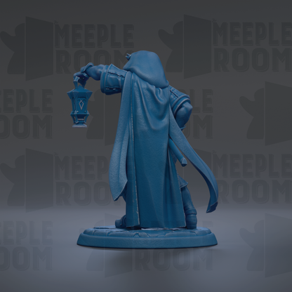 A blue figurine of a person holding a lantern, standing on a base, against a dark background with repeated text.