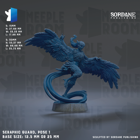a blue statue of a winged creature, possibly a mythical or fantastical being, with outstretched wings and a flowing tail. The statue is positioned on a pedestal, and the background is a dark gray color. The image is described as a "SERAPHIC GUARD, POSE 1" and has a base size of either 12.5 mm or 25 mm. The image is a part of a larger collection, as indicated by the text "SORDANE PUBLISHING" and "SEMANTIC GUARD, POSE 1".