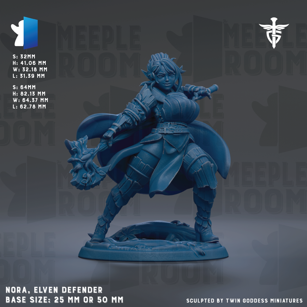 The image is a detailed figurine of a female character, specifically a female elf or warrior, with a sword in her hand. The figurine is described as a "Nora, Elfen Defender" and is shown in a base size of 25mm or 50mm. The figurine is sculpted by Twin Goddess Miniatures.