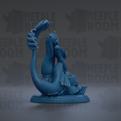 A blue mermaid figurine is displayed against a dark background with the text "MEUPLE ROOM" repeated multiple times.
