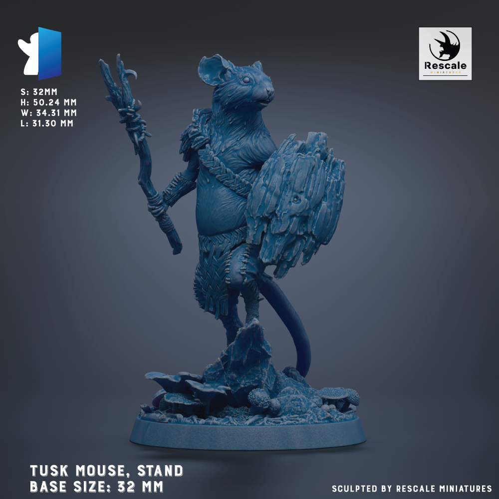 A detailed 3D model of a Tusk Mouse, a mythical creature with a large head and a long tail, standing on a base and holding a shield. The base sizes are 32 mm.