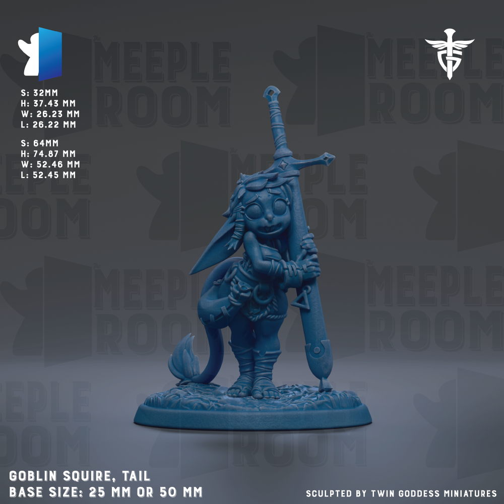 A blue figurine of a creature with a tail and sword, standing on a base. The figurine is described as a "Goblin Squire, Tail" and is shown in a size of 25mm or 50mm. The image is a collage of various images, and it is described as being "sculpted by Twin Goddesses miniatures".