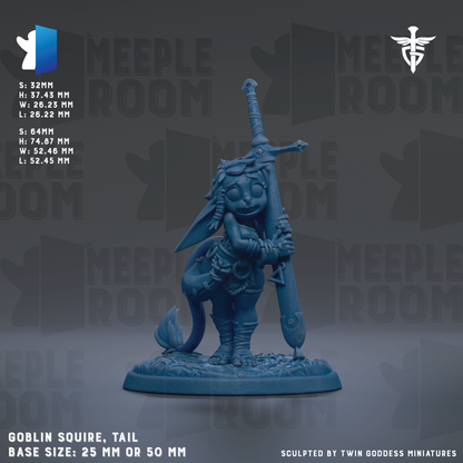 A blue figurine of a creature with a tail and sword, standing on a base. The figurine is described as a "Goblin Squire, Tail" and is shown in a size of 25mm or 50mm. The image is a collage of various images, and it is described as being "sculpted by Twin Goddesses miniatures".