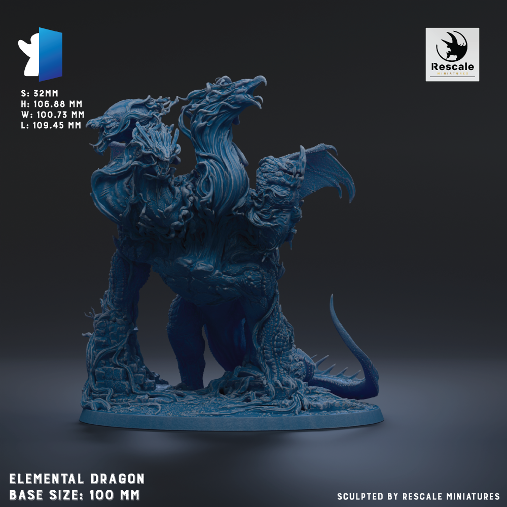 The image is a 3D rendering of a detailed, sculpted model of an element called the "Elements Dragon". The dragon is depicted in a blue color and is shown in a dynamic pose, with its wings spread wide. The base size of the dragon is 100 millimeters. The image is a 3D rendering of the dragon, and it is not a collage of multiple images. The dragon is sculpted by Rescue miniatures.