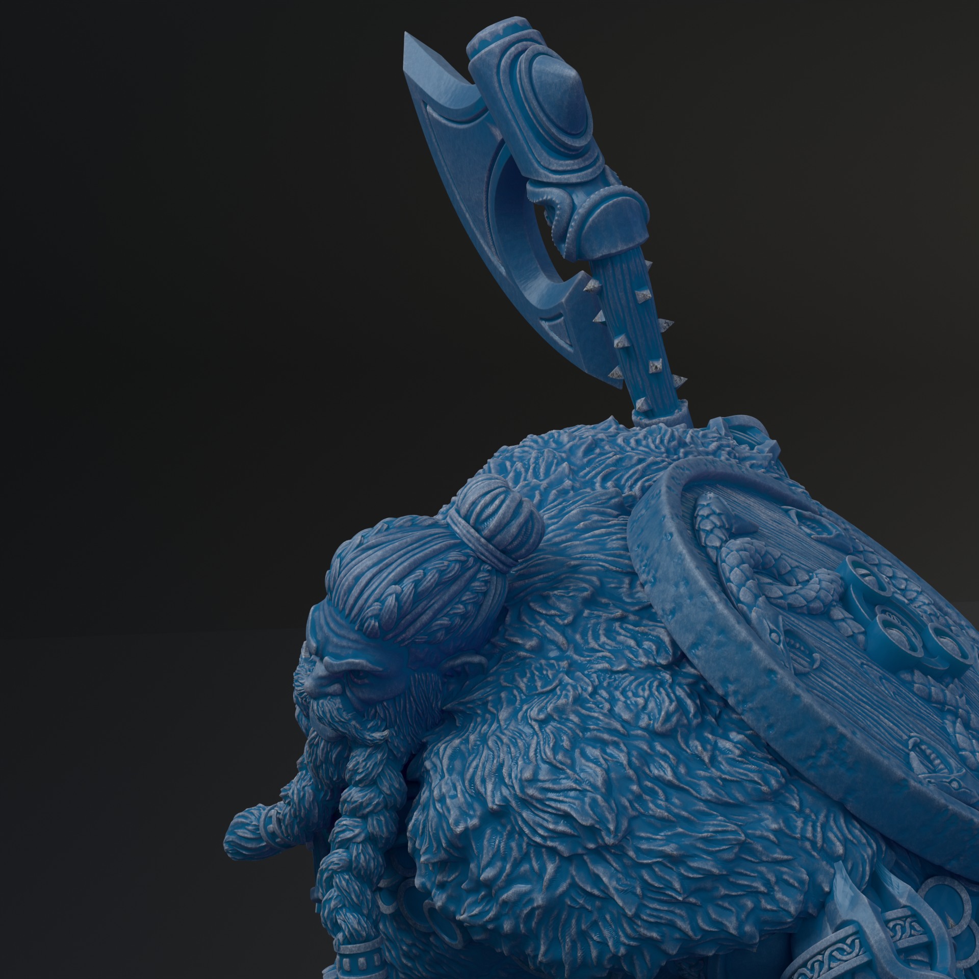 A detailed 3D rendering of a blue, fantastical creature with intricate, textured features, including a large, ornate weapon and a helmet.