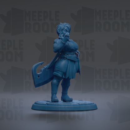 A blue figurine of a person standing on a platform, holding a weapon and wearing a skirt.