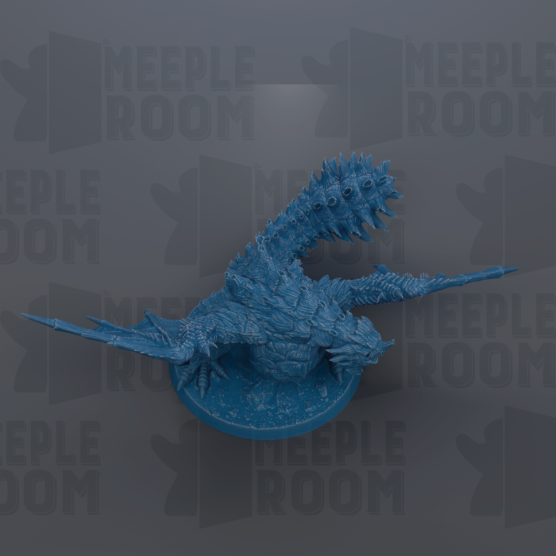 A blue, 3D-rendered dragon figurine is shown against a dark background with repeated text.