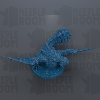 A blue, 3D-rendered dragon figurine is shown against a dark background with repeated text.