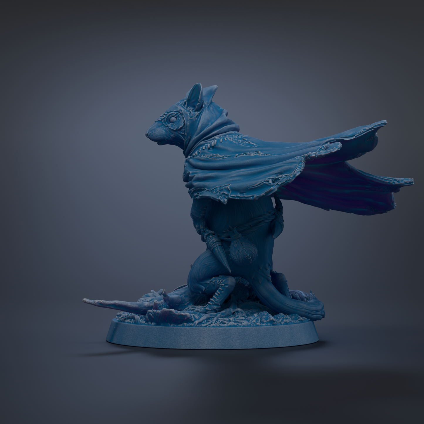 A blue, winged creature with a cape-like design stands on a base, facing to the right.