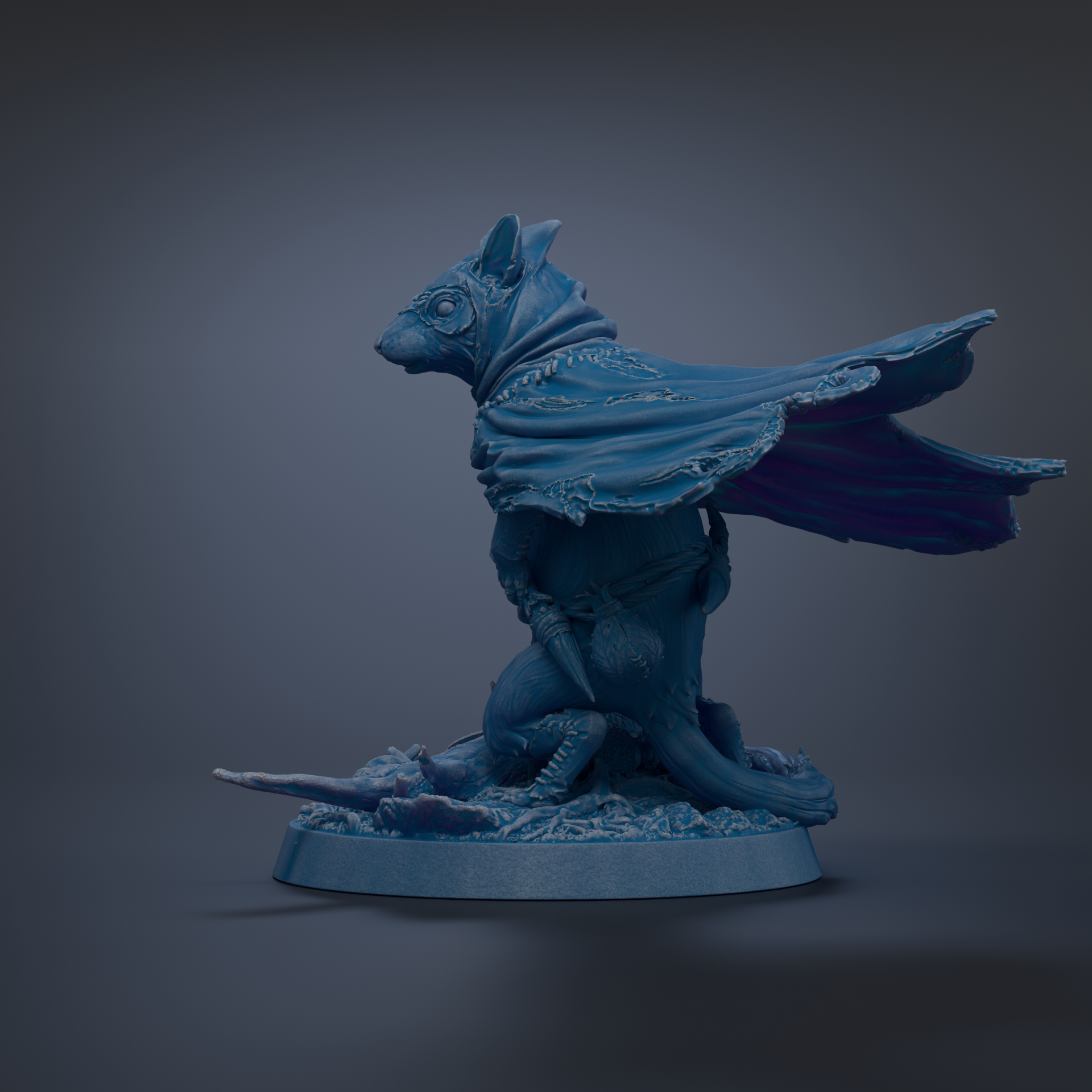 A blue, winged creature with a cape-like design stands on a base, facing to the right.