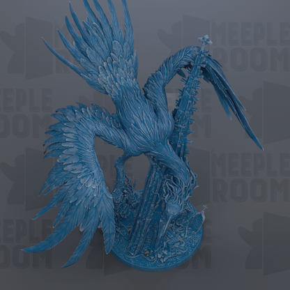 A detailed 3D rendering of a blue bird sculpture with outstretched wings and a long beak, set against a dark background with repeated text.