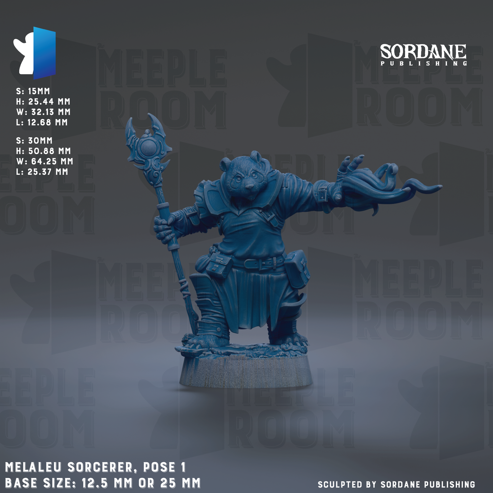 The image is a detailed 3D model of a fantastical creature, likely a magical or magical being, with a blue color scheme. The creature is posed in a dynamic stance, holding a staff or staff-like object, and appears to be interacting with the environment around it. The image is a collage of multiple images, and the base size is either 12.5 mm or 25 mm. The creature is sculpted by Sordane Publishing, as indicated by the text at the bottom of the image.