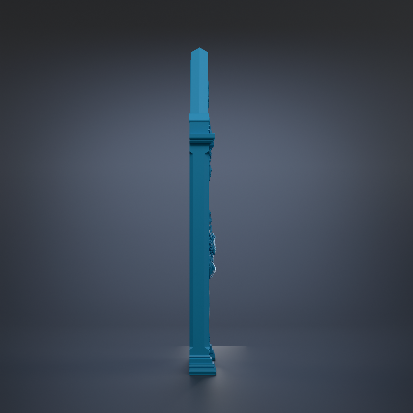 A tall, blue pillar stands alone against a dark background.