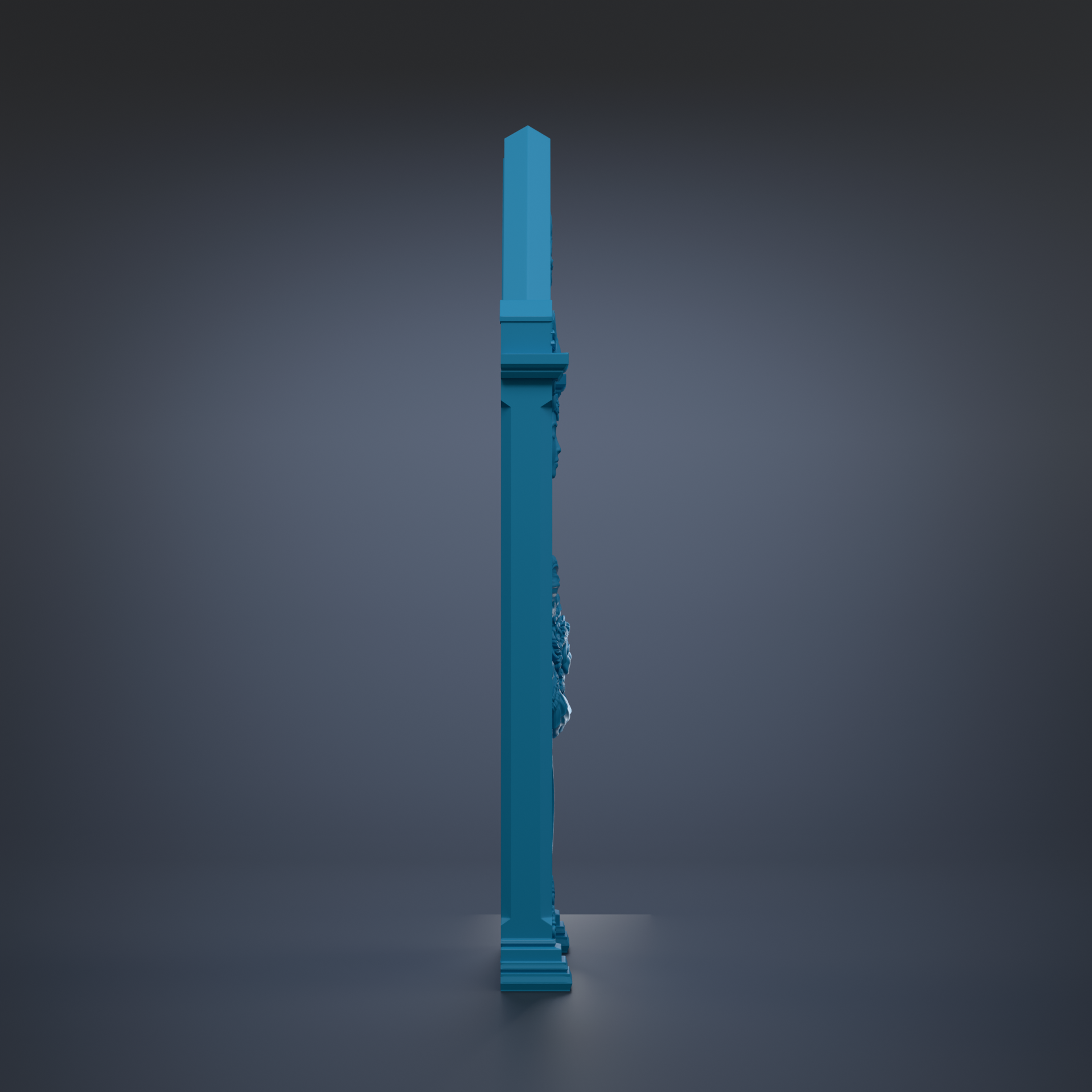 A tall, blue pillar stands alone against a dark background.