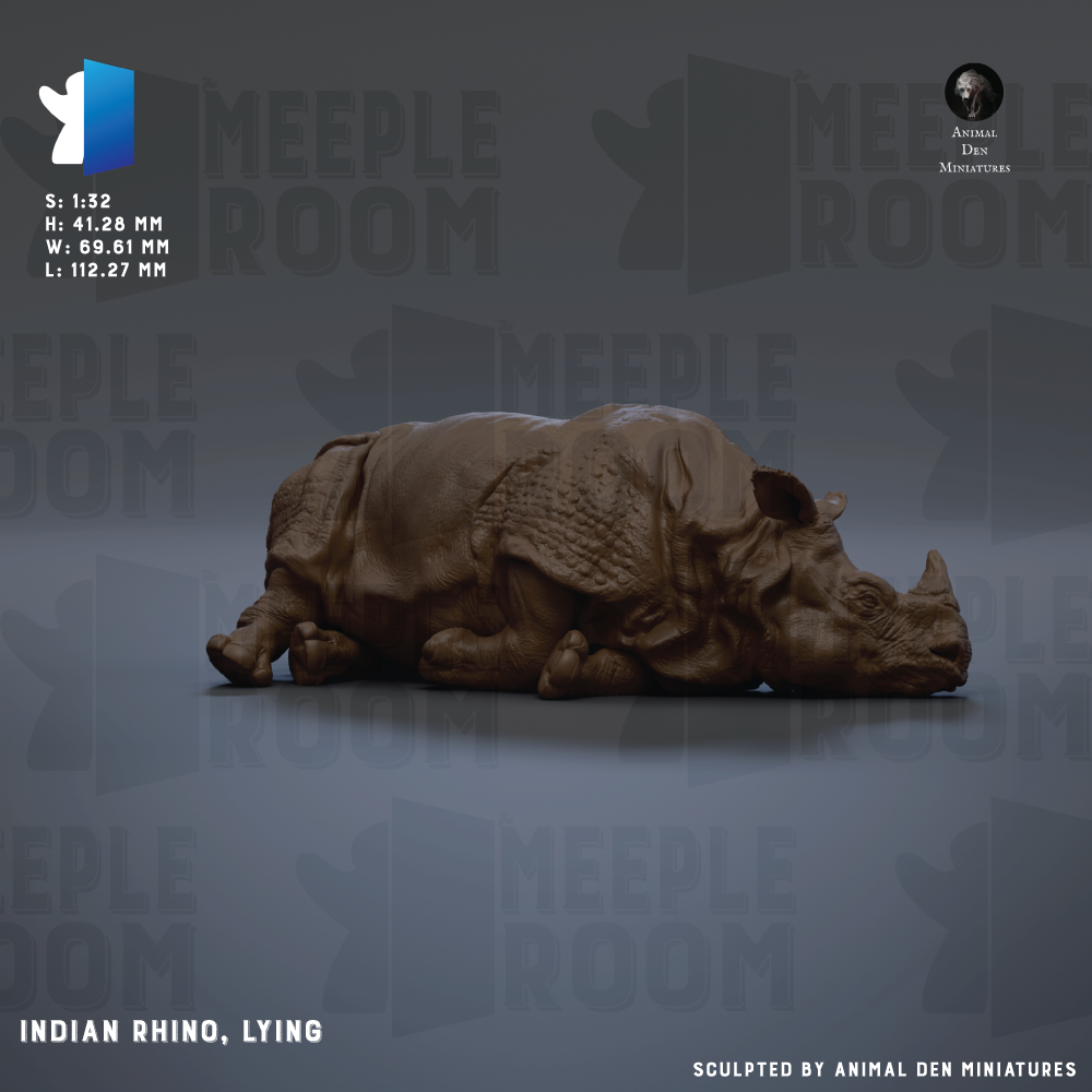 The image is a 3D rendering of an Indian rhinoceros lying down.