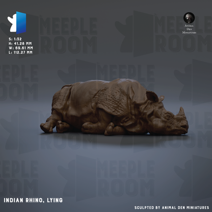 The image is a 3D rendering of an Indian rhinoceros lying down.
