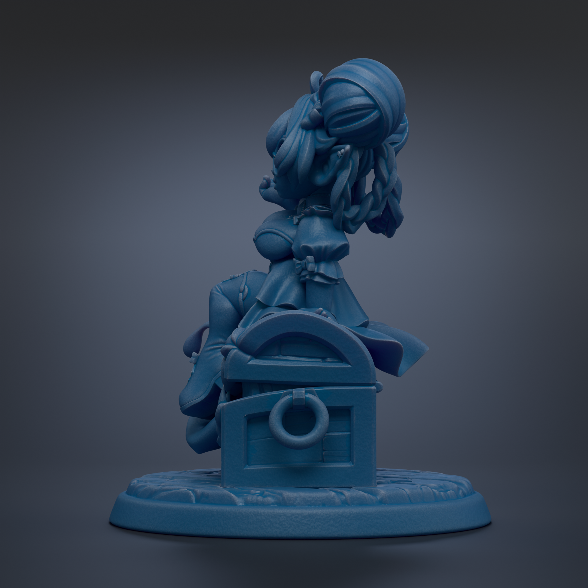 A blue 3D model of a character with a large head and long hair, sitting on a blue base with a circular object on top.
