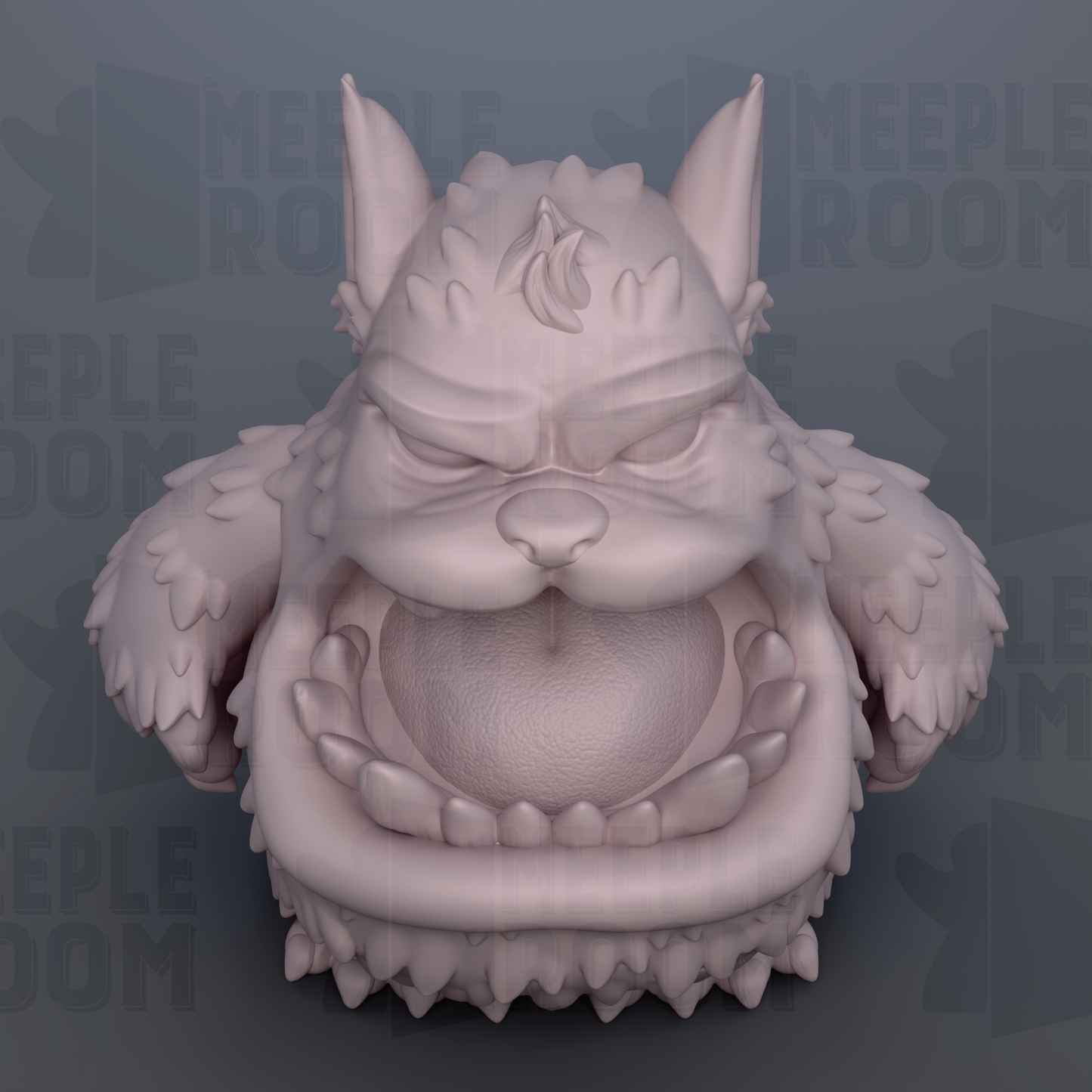 A 3D rendering of a large, furry monster with sharp teeth and an open mouth, set against a dark background with repeated text.