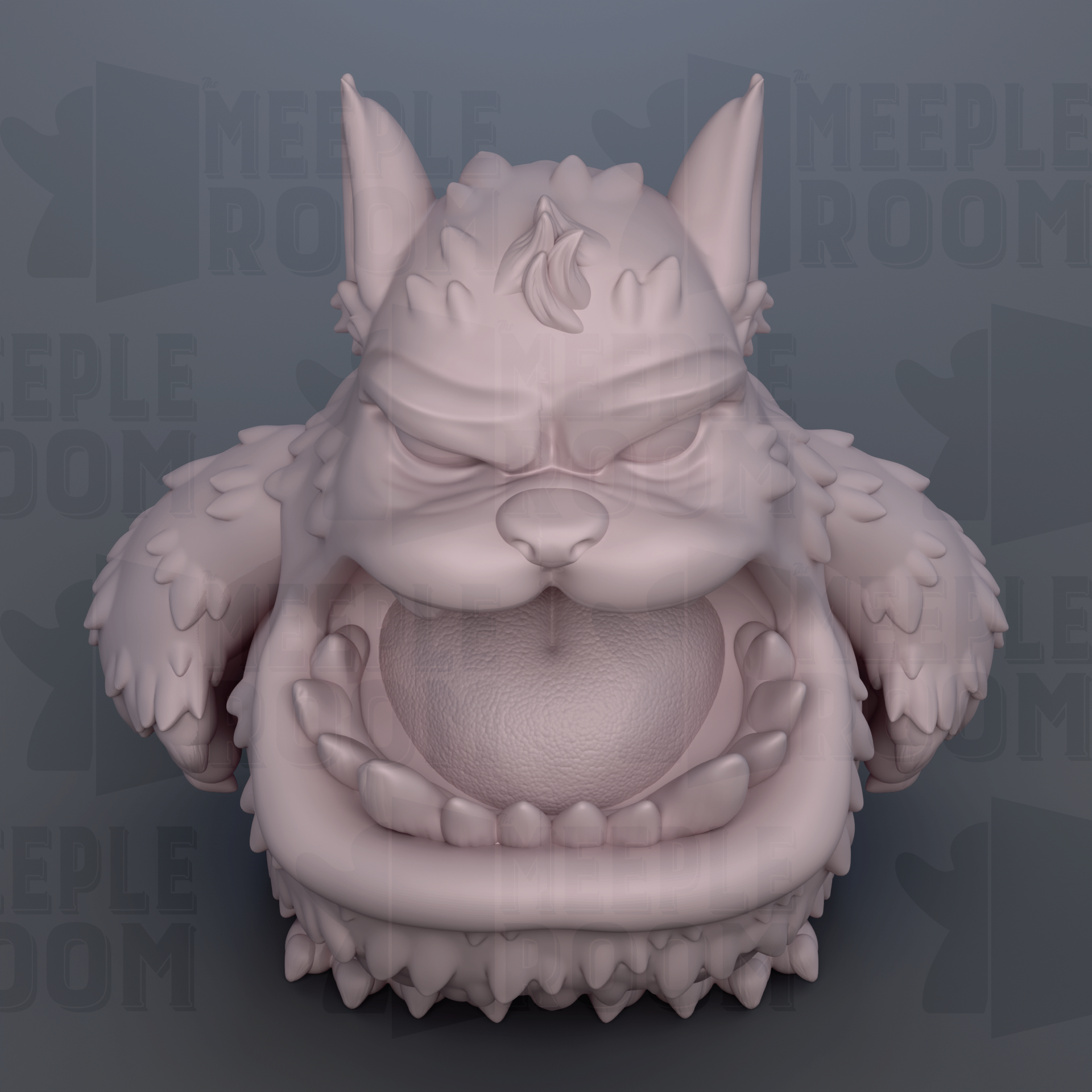 A 3D rendering of a large, furry monster with sharp teeth and an open mouth, set against a dark background with repeated text.