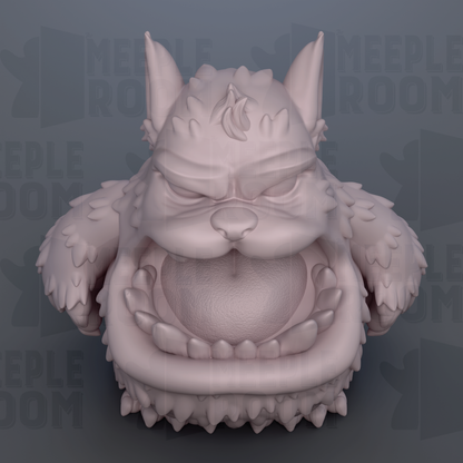 A 3D rendering of a large, furry monster with sharp teeth and an open mouth, set against a dark background with repeated text.