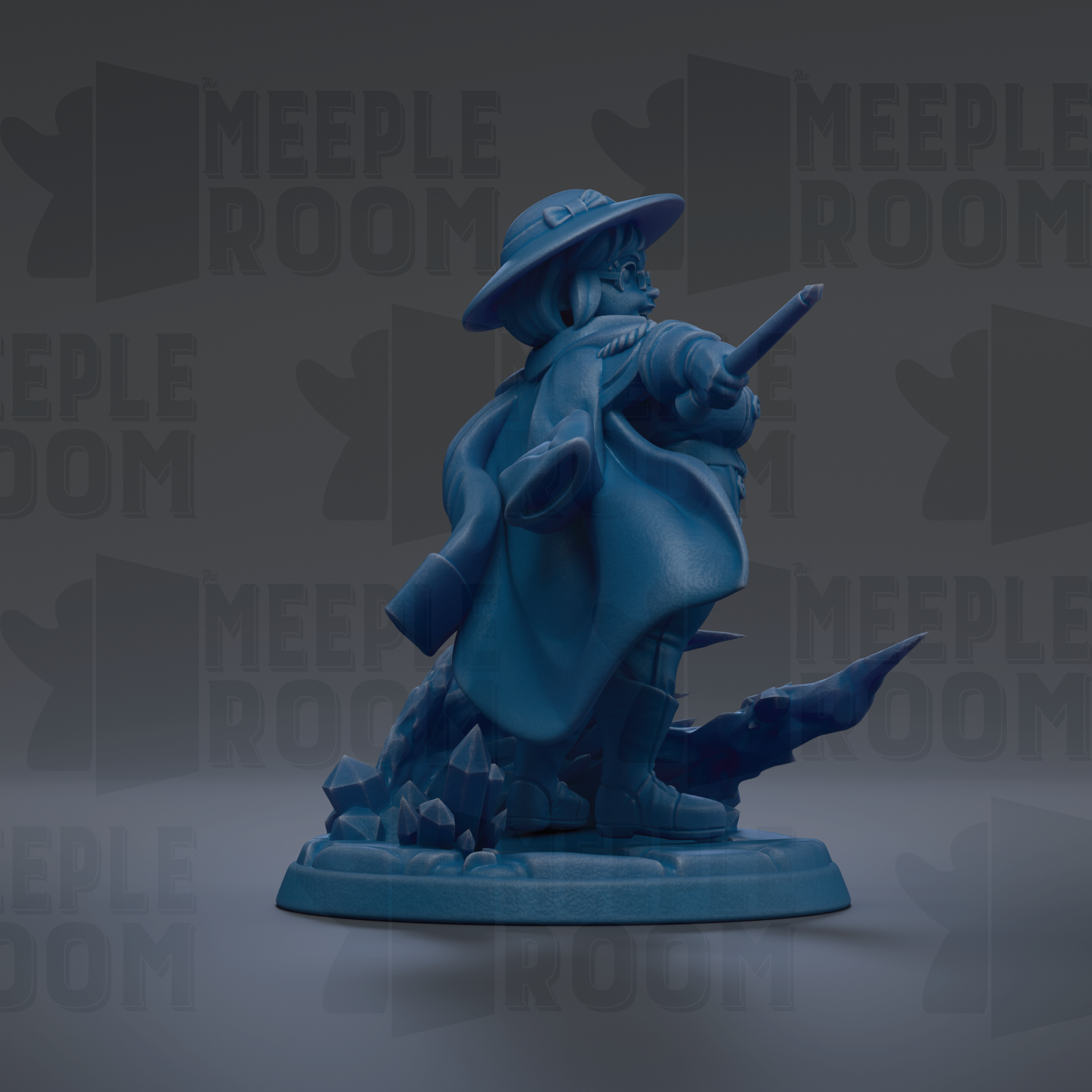 A blue figurine of a person holding a weapon, standing on a platform with a dark background that has the word "MEIPLLE ROOM" repeated multiple times.