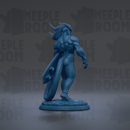 A blue, muscular figurine holding a surfboard stands on a base against a dark background with repeated "MEUPLE ROOM" text.