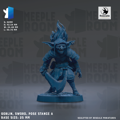 A blue figurine of a gnome-like character holding a sword and standing on a base, with the text "MEEPLE ROOM" and "Rescale" visible.