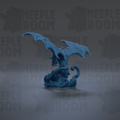 A blue dragon figurine with outstretched wings is the central focus of the image.