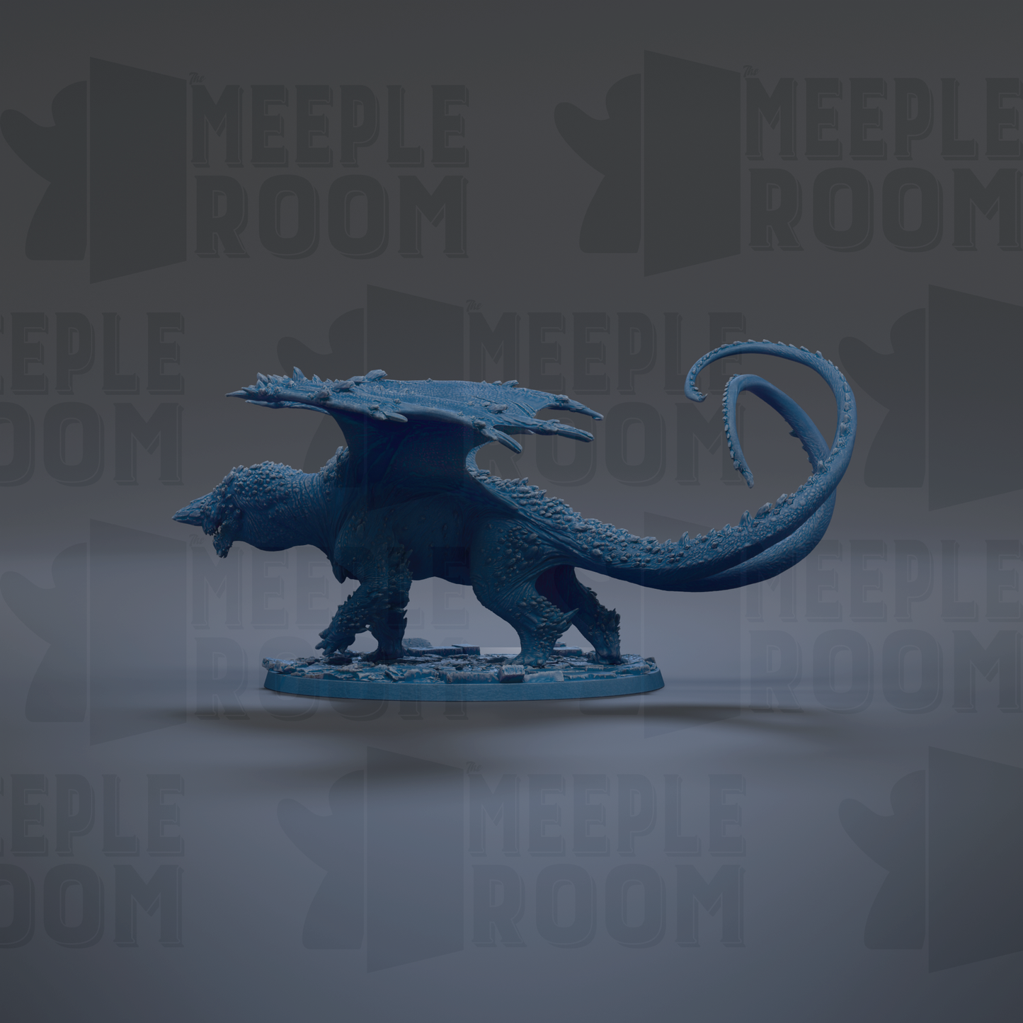 A blue dragon figurine with a long tail and wings is displayed against a dark background with repeated text.