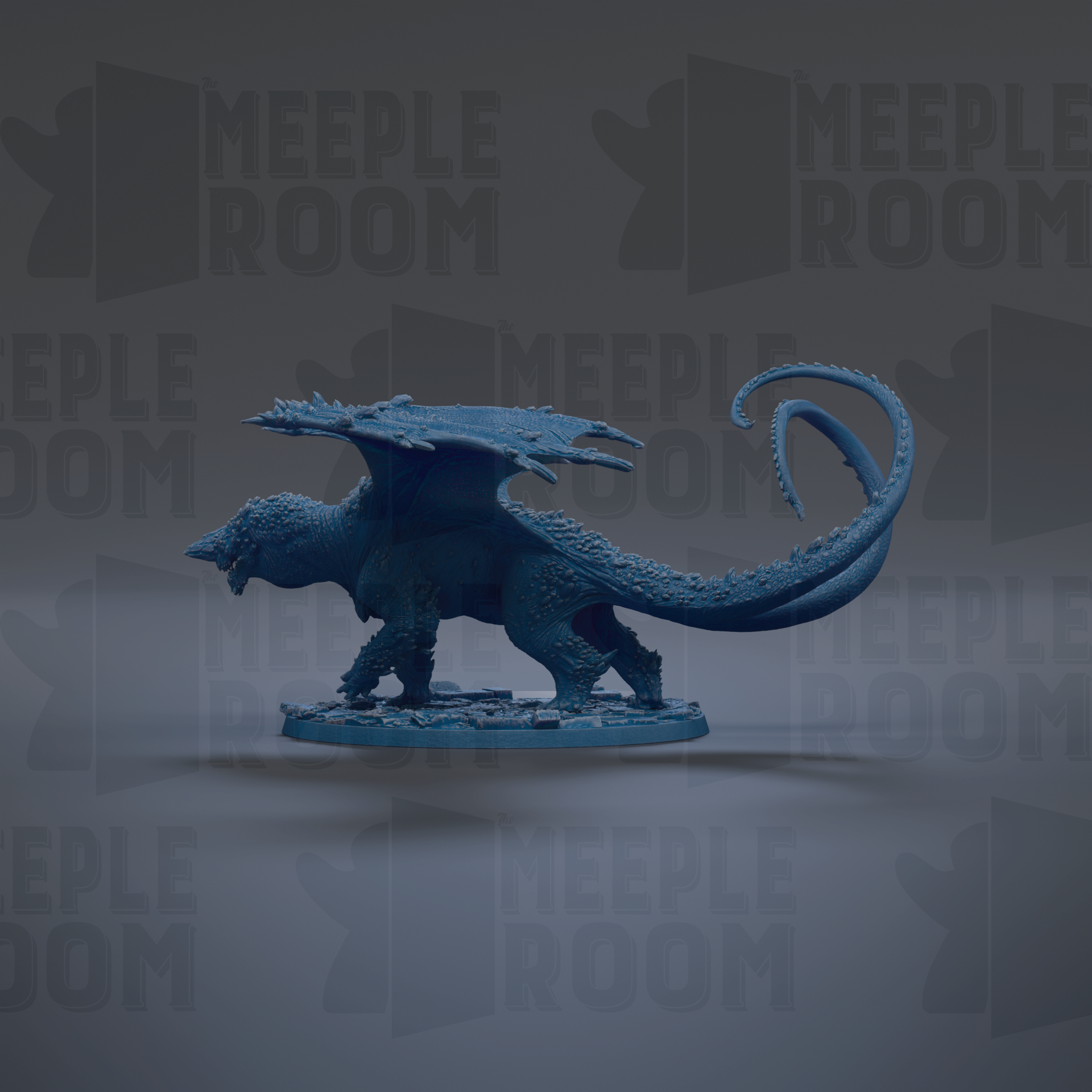 A blue dragon figurine with a long tail and wings is displayed against a dark background with repeated text.