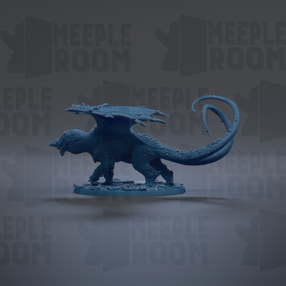 A blue dragon figurine with a long tail and wings is displayed against a dark background with repeated text.