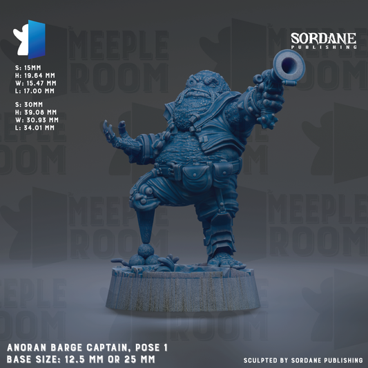 The image is a figurine of a character, specifically Anoran Barge Captain, posed in a dynamic stance with a gun in hand. The figurine is described as a base size of 12.5 mm or 25 mm, and it is published by Sordane Publishing.