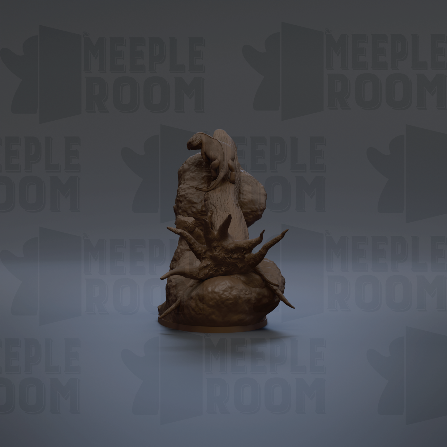 a dark brown, sculpted figure with a textured, organic appearance, set against a dark gray background with repeated text.