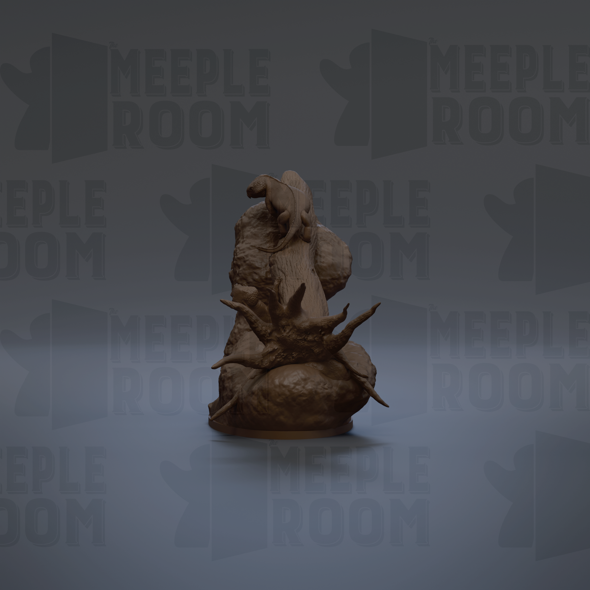 a dark brown, sculpted figure with a textured, organic appearance, set against a dark gray background with repeated text.