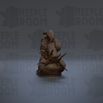 a dark brown, sculpted figure with a textured, organic appearance, set against a dark gray background with repeated text.