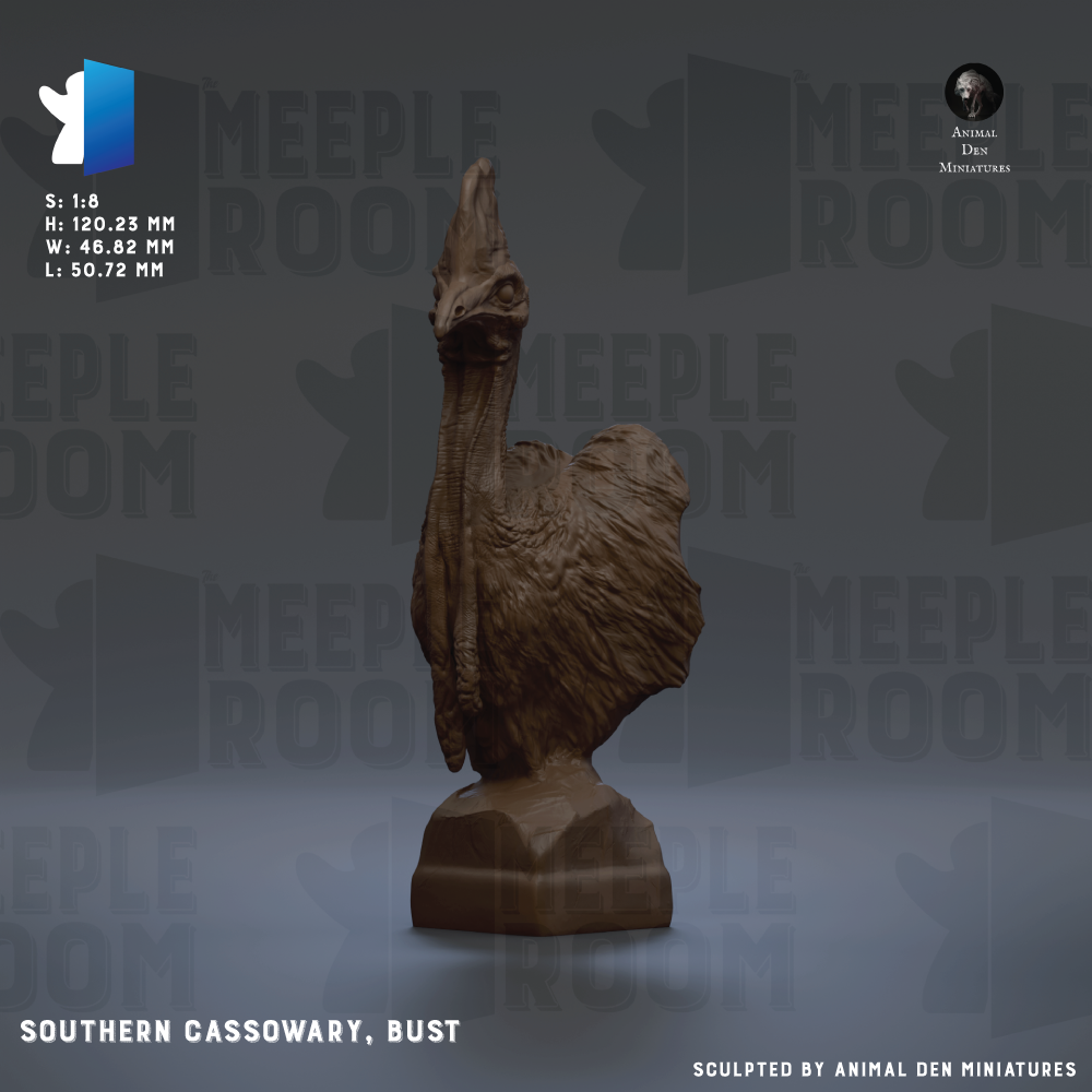 The image is a bust of a large bird, specifically a Southern Cassowary, with the text "SOUTHERN CASOWARY, BUST" and "Sculpted by Animal Den Miniatures" below it.