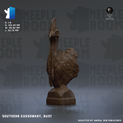 The image is a bust of a large bird, specifically a Southern Cassowary, with the text "SOUTHERN CASOWARY, BUST" and "Sculpted by Animal Den Miniatures" below it.