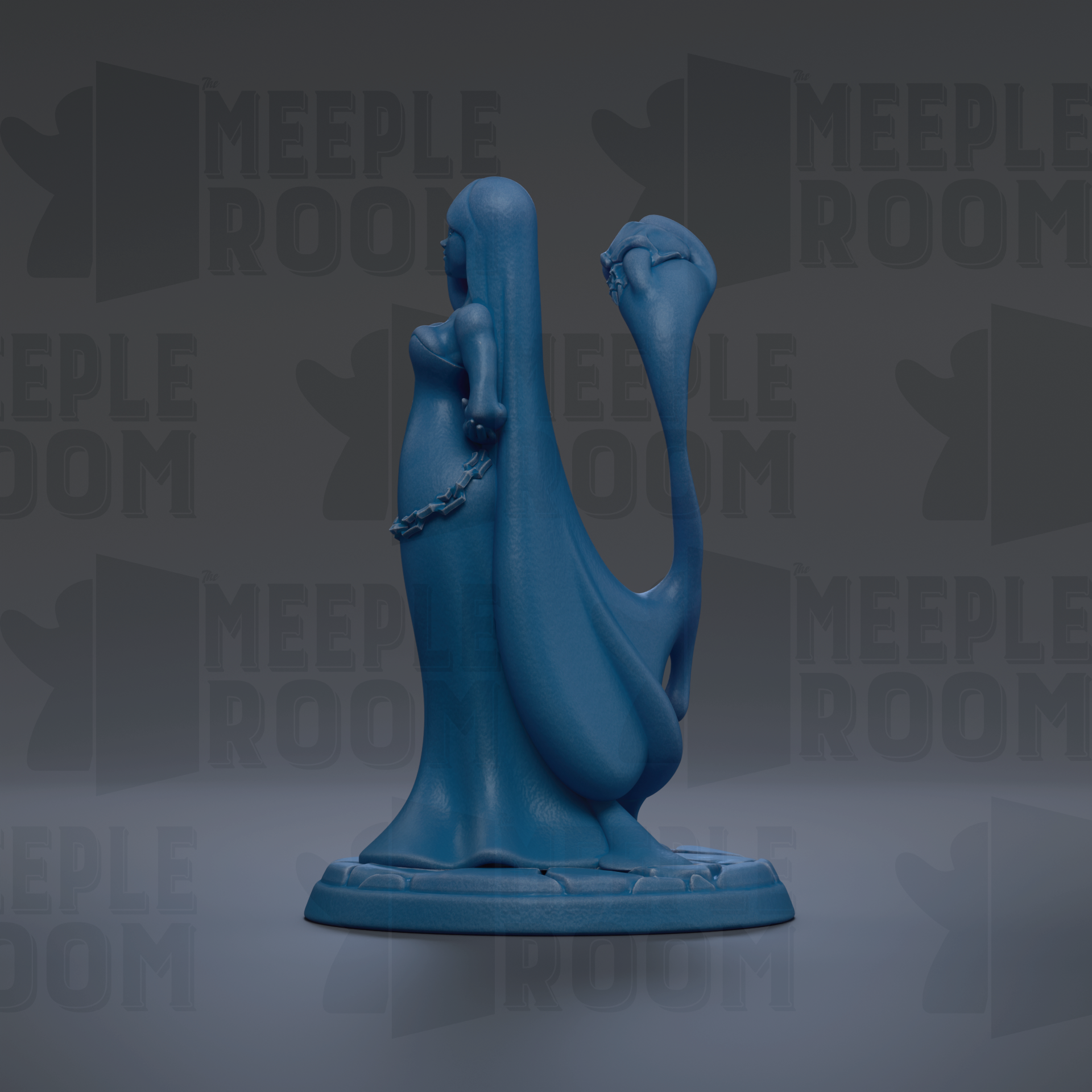 A blue, abstract sculpture with a long, flowing form and a chain-like element.