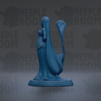 A blue, abstract sculpture with a long, flowing form and a chain-like element.
