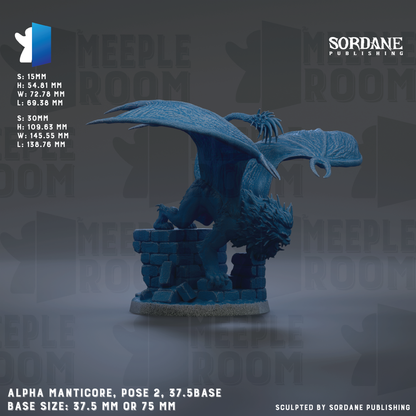 The image is a promotional image for a figurine called "Alpha Mantlecore, Pose 2, 37.5Base". The figurine is a blue dragon-like creature with wings and a tail, standing on a brick base. The image is described as a "meadow" and "meadow room" and is published by Sordane Publishing. The base size of the figurine is either 37.5 mm or 75 mm.